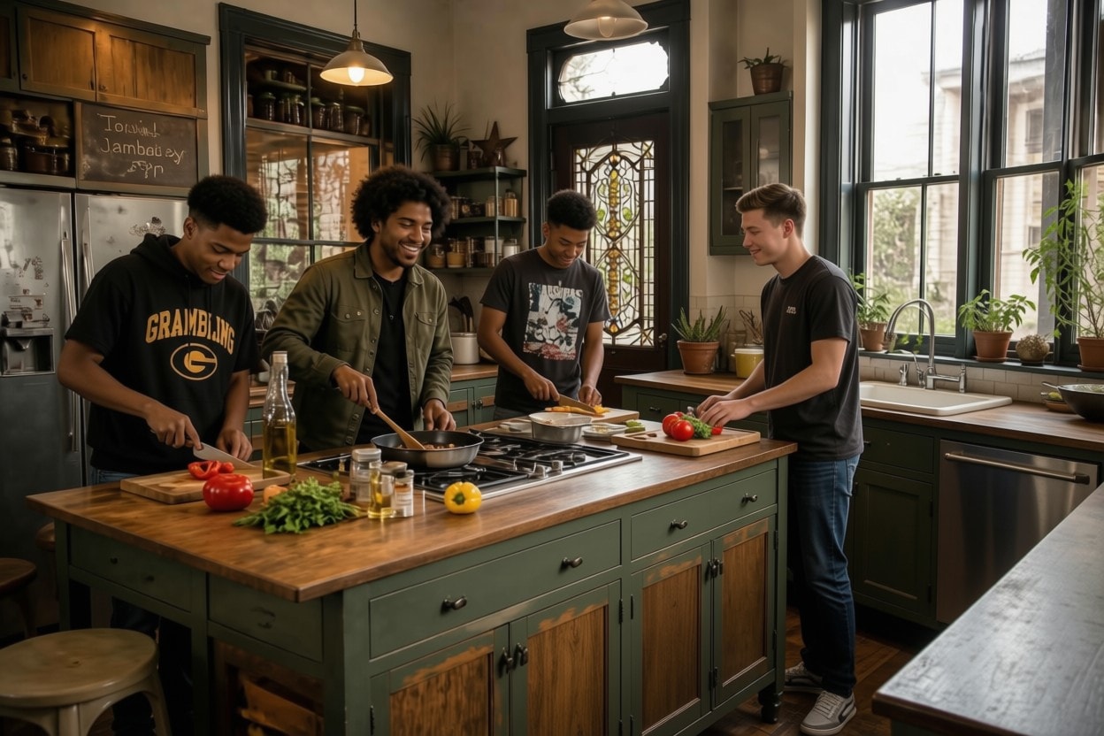 Young people cooking together in a shared kitchen